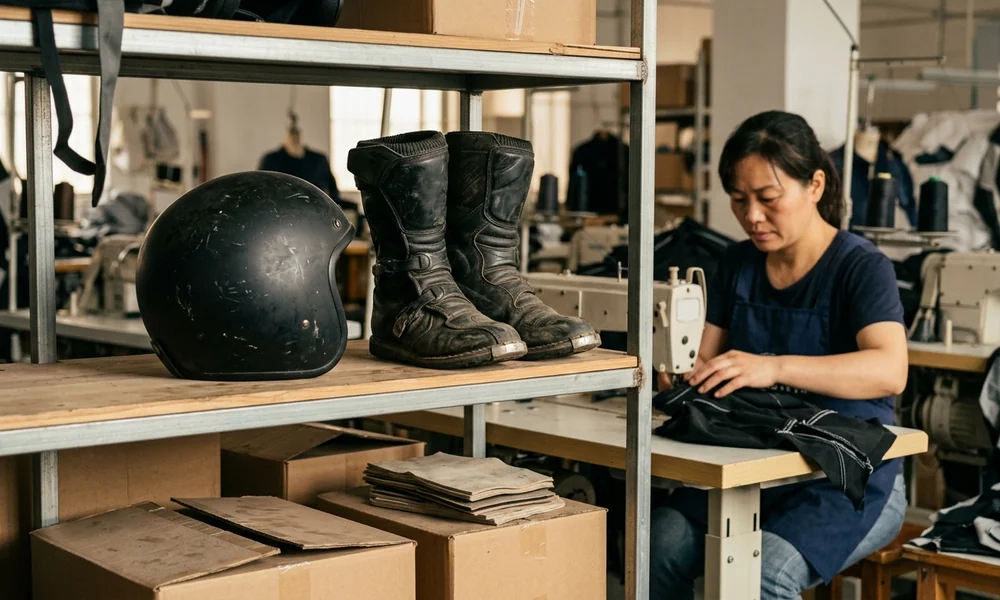 Helmet and boots on a shelf marked as not manufactured here