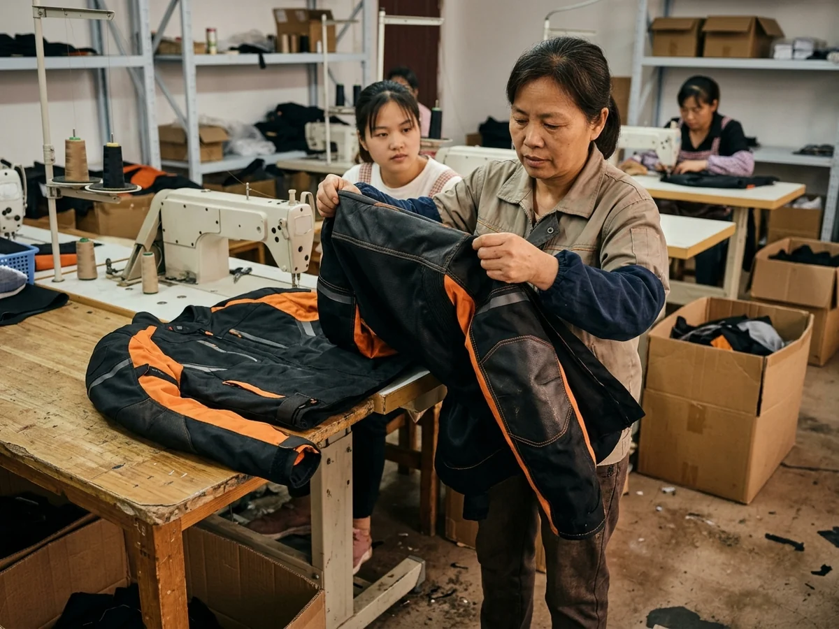 QC lead holding a stopped style at the sewing line with the sample beside it
