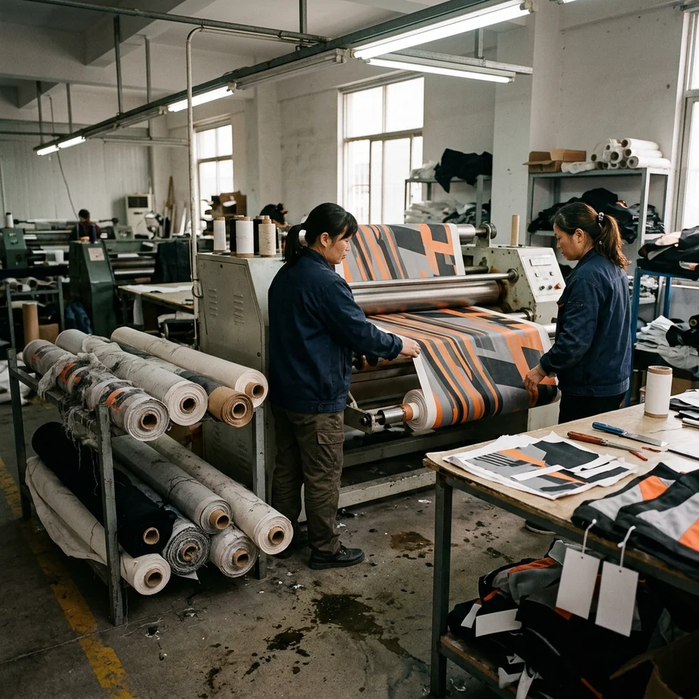 Print room with transfer printing and calendering