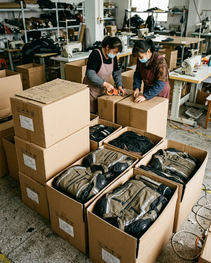 Cartons of touring jackets packed by size with the carton list on top