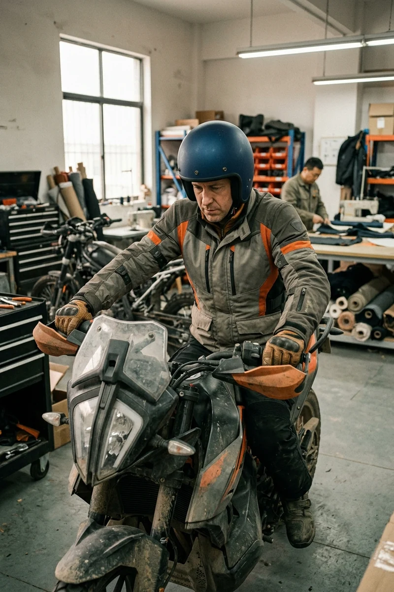 Rider on the bike with arms forward, cuff still covering the glove