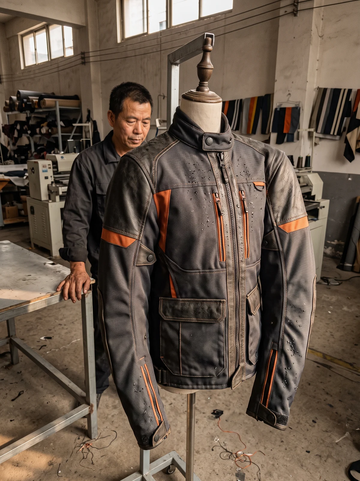 Sample touring jacket on a form under the shower rig, everything closed