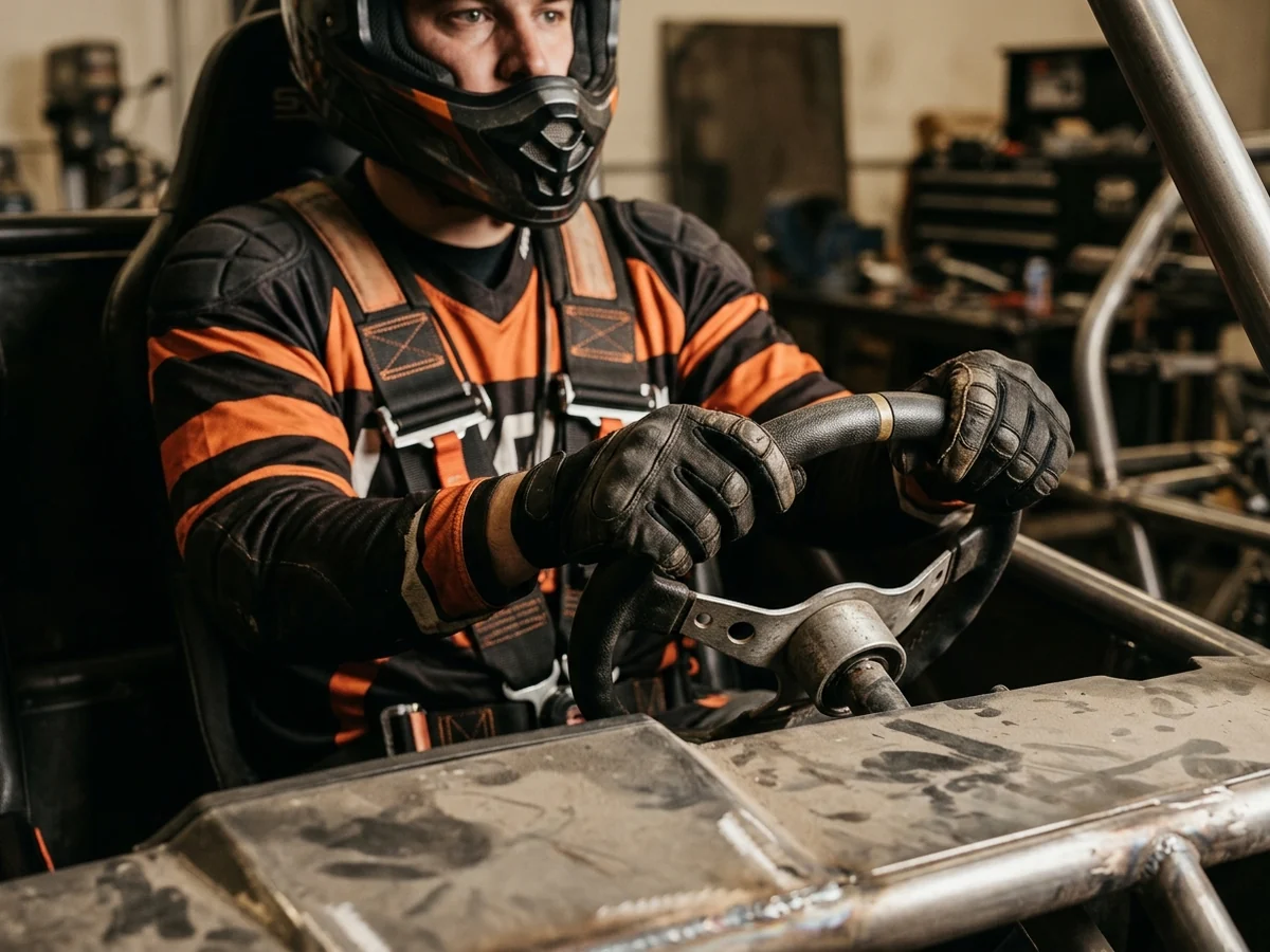 A UTV driver seated with a harness across the chest and a wheel in front