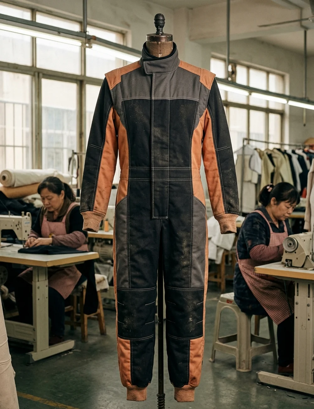 Custom fire suit on a form, front view, with stitched panels, knit cuffs and zip flap