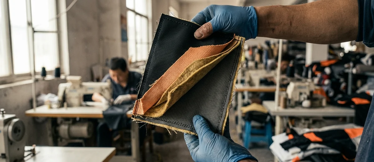 Cut edge of a multi-layer aramid fire suit panel showing the layers