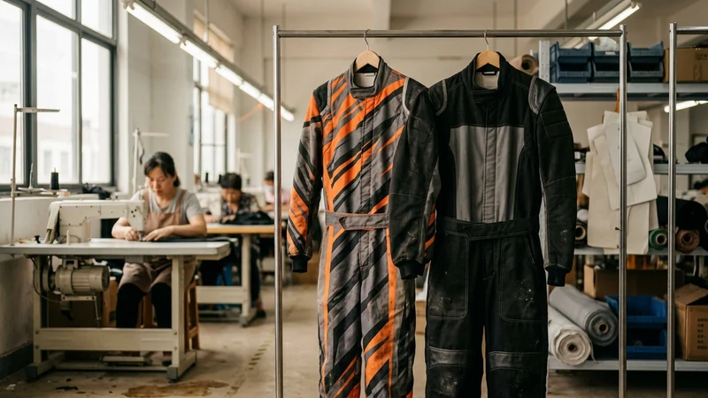 Team livery kart suit next to a dark centre-colorway fleet suit