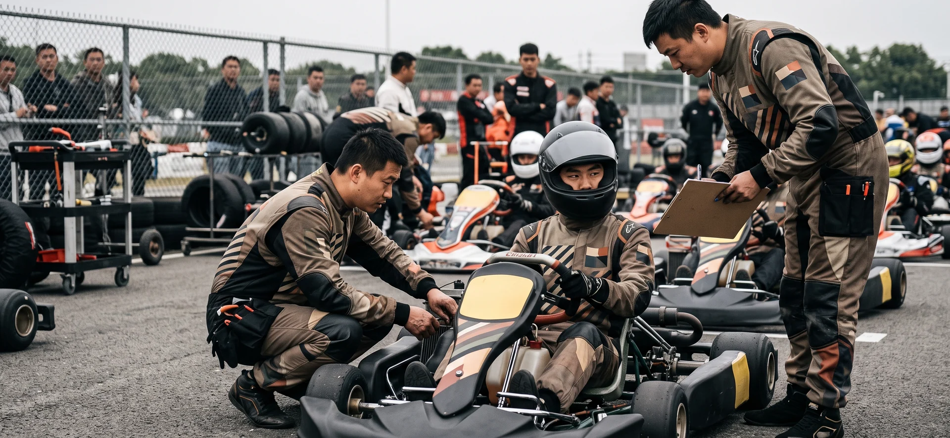 Kart racing team on the grid in matching custom kart suits