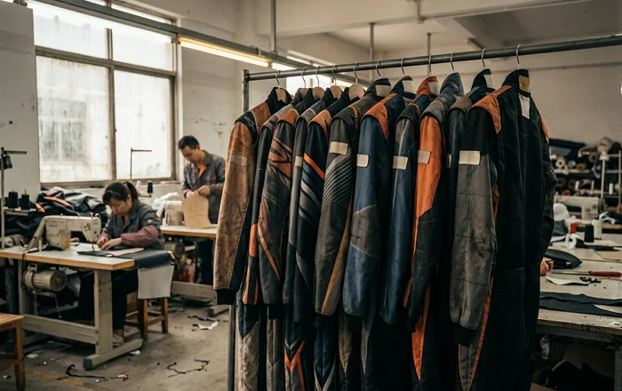 Fleet-cut kart suits by size on a karting centre rail