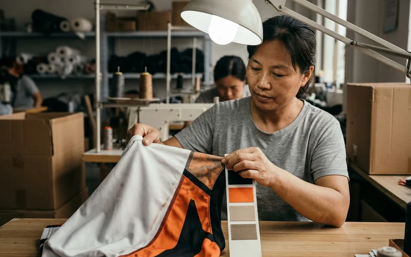 Sample jersey held next to its color strip under a daylight lamp