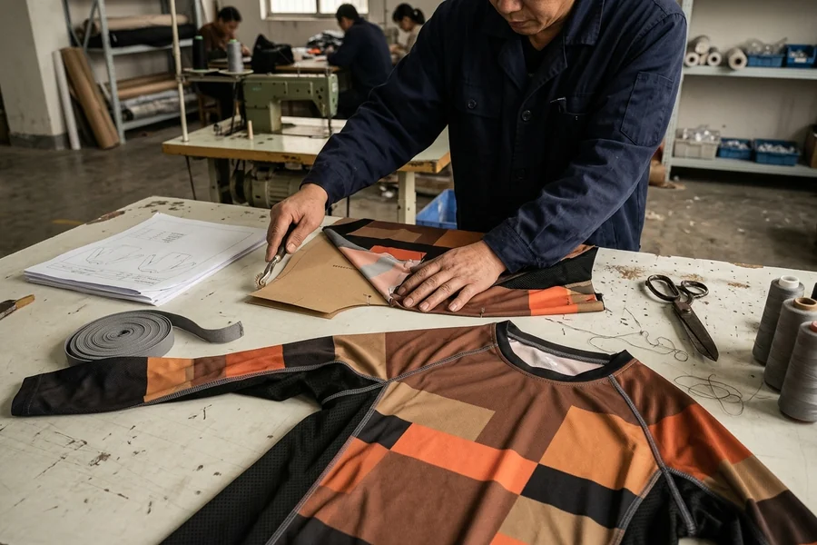 Tech pack and base block for a brand's motocross jersey line on the sample-room table