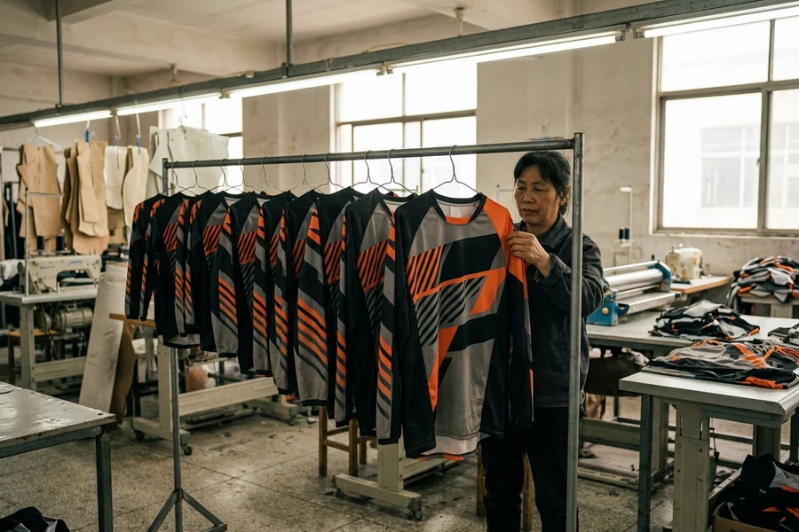 Club jerseys in one design hanging from youth to adult sizes