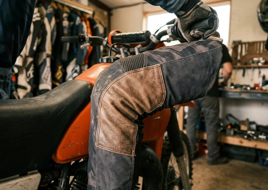 Leather inner-knee panel of custom motocross pants pressed against the tank