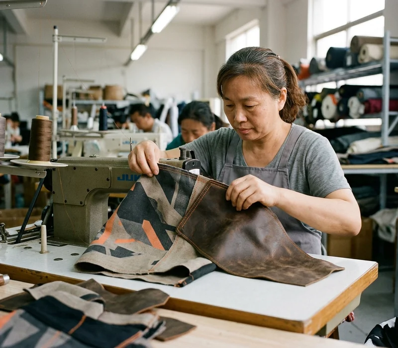 Closed stitch line around the leather inner-knee panel, print running up to the edge