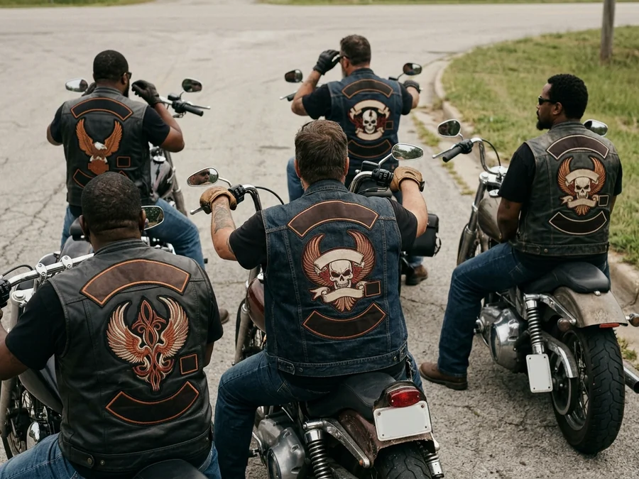Riding club members with back patches, seen from behind at a stop