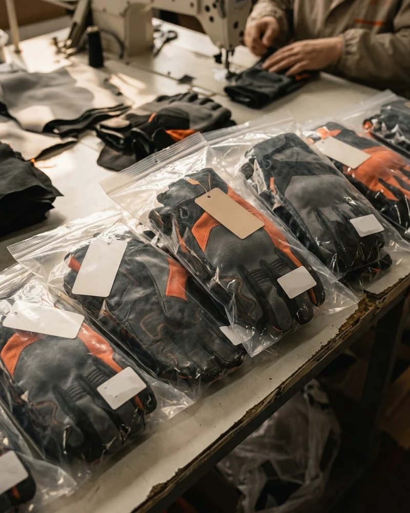 Private label glove pairs bagged with hangtags and packed by size