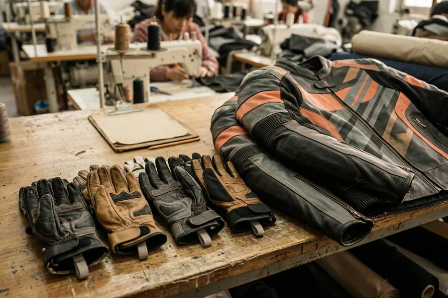 Dealer's own-label riding gloves in a size run beside the jackets