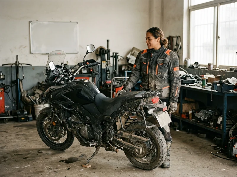 Rider in a custom ADV touring jacket standing beside an adventure motorcycle