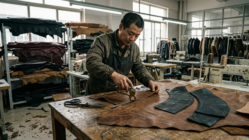 Leather workshop with hides being gauged and cut