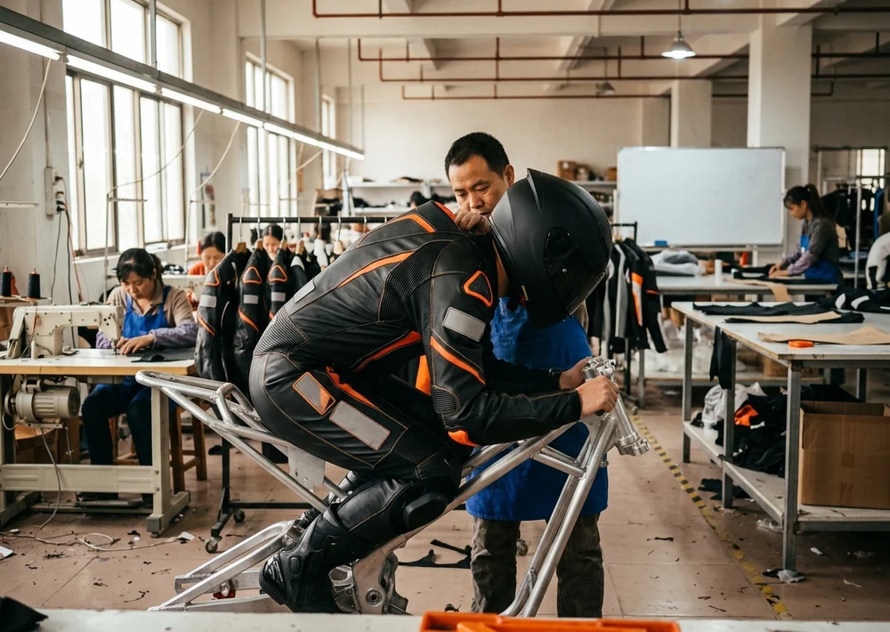 Rider in the sample suit with helmet on, collar clearing the helmet in the tuck