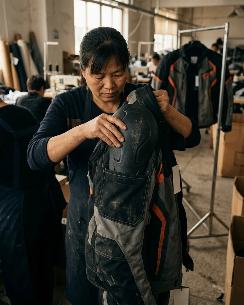 Shoulder protector being placed into the external armor pocket of a race suit