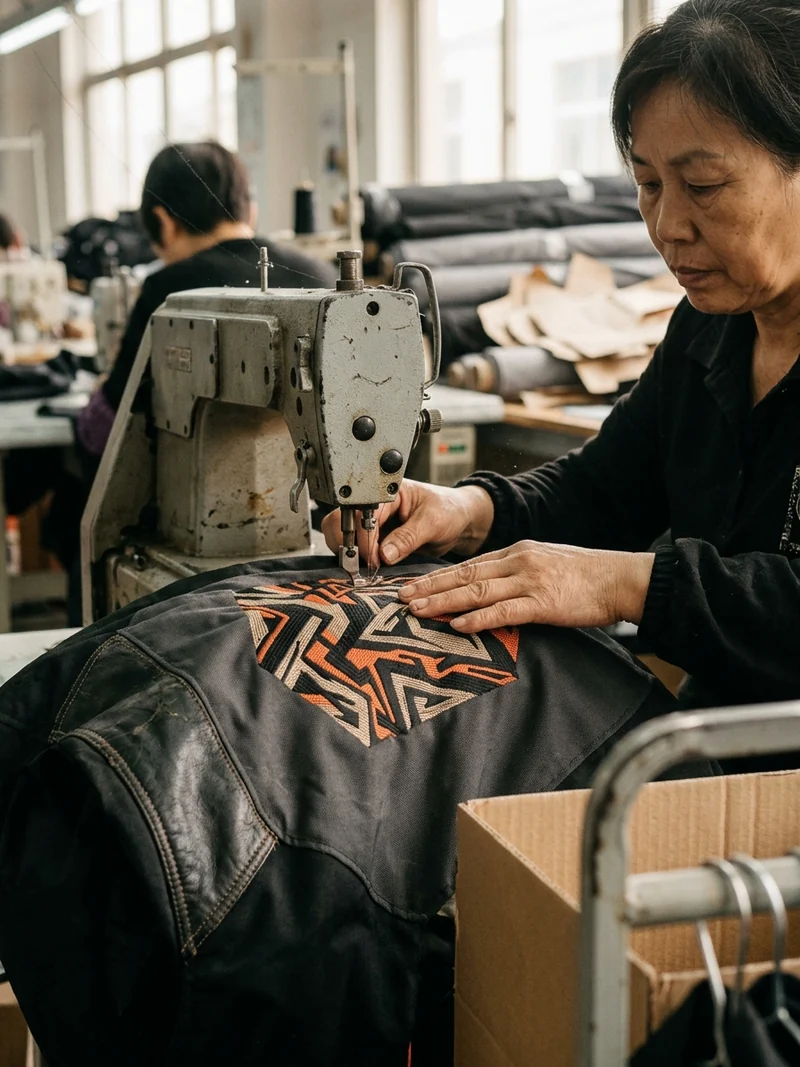 Badge at the right density for the fabric, moving with the garment