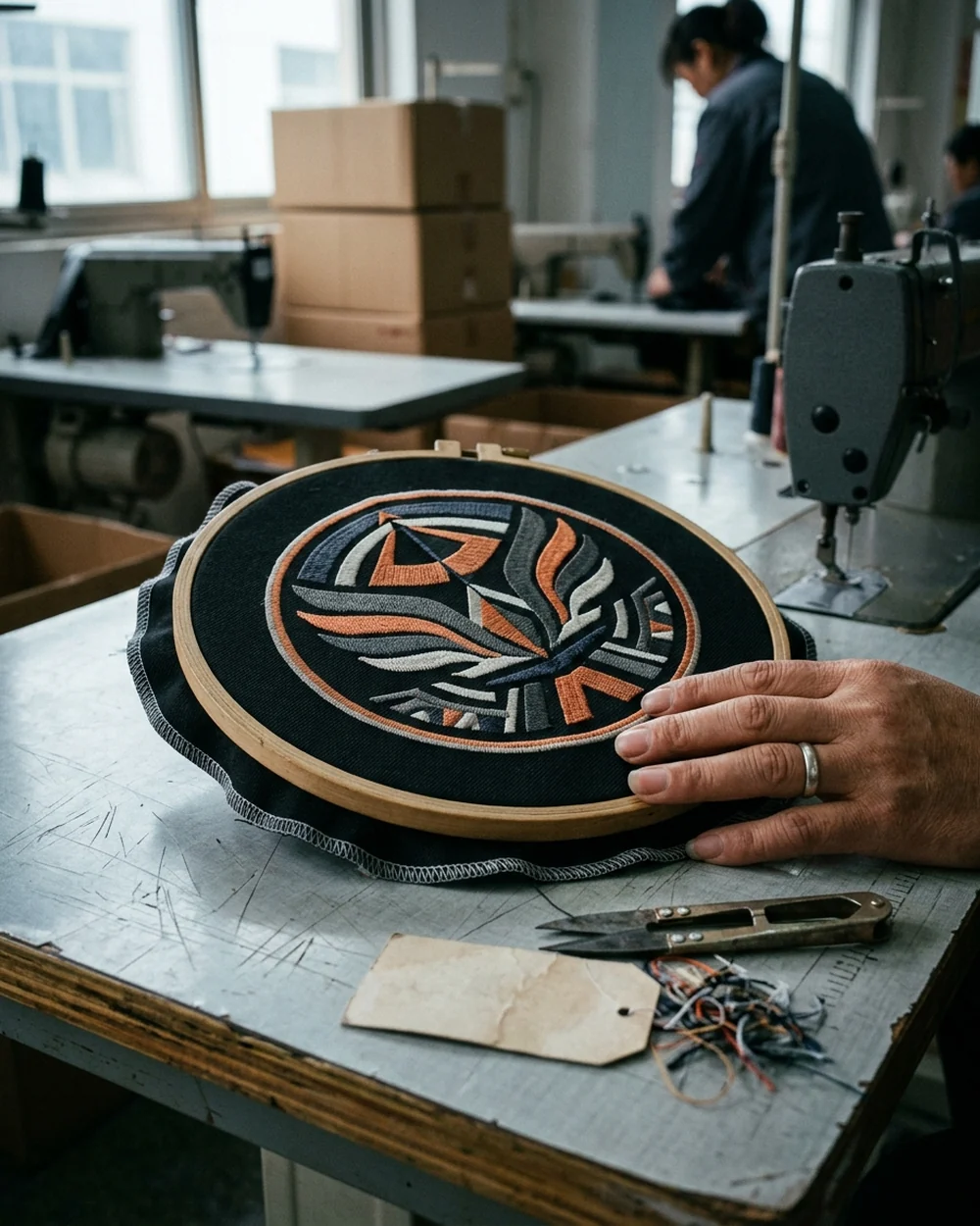 The approved stitched sample of a badge, still in the hoop