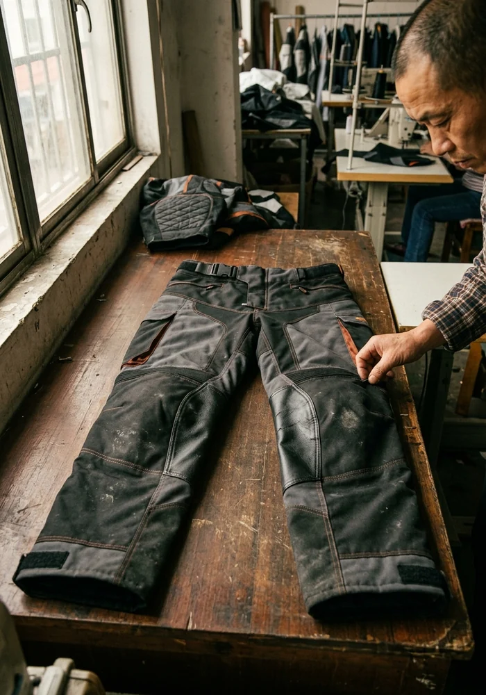 Enduro pants laid flat showing ratchet waist, inner-knee panels, shin layer and seat panel