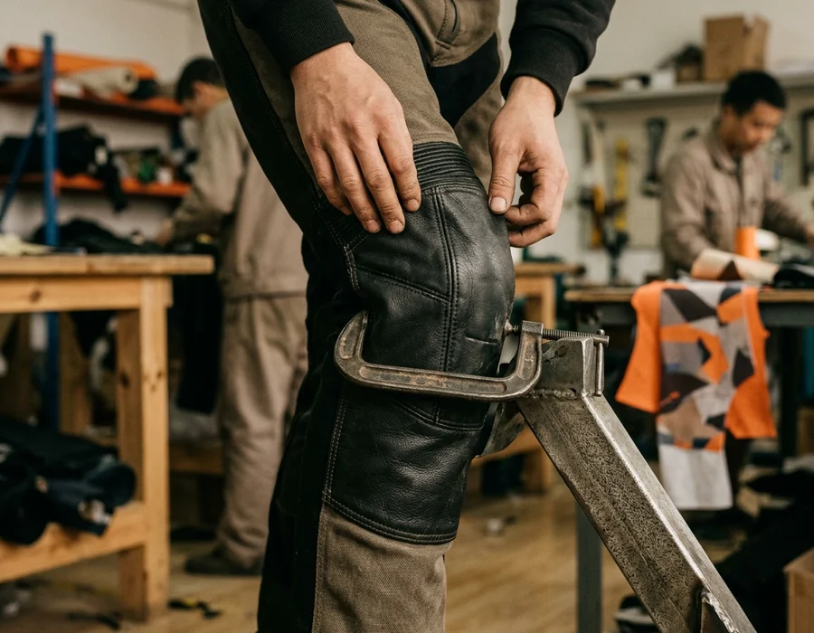 Leather inner-knee panel of enduro pants clamped against the frame over a knee brace