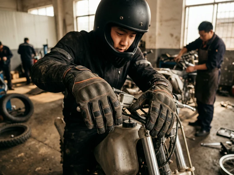 Pair of custom off-road enduro gloves on a handlebar