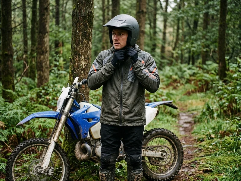 Enduro rider wearing a lightweight rain jacket over the kit in wet woods