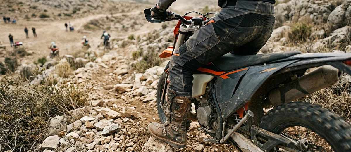 In-the-boot enduro pants on a dry rocky sprint section
