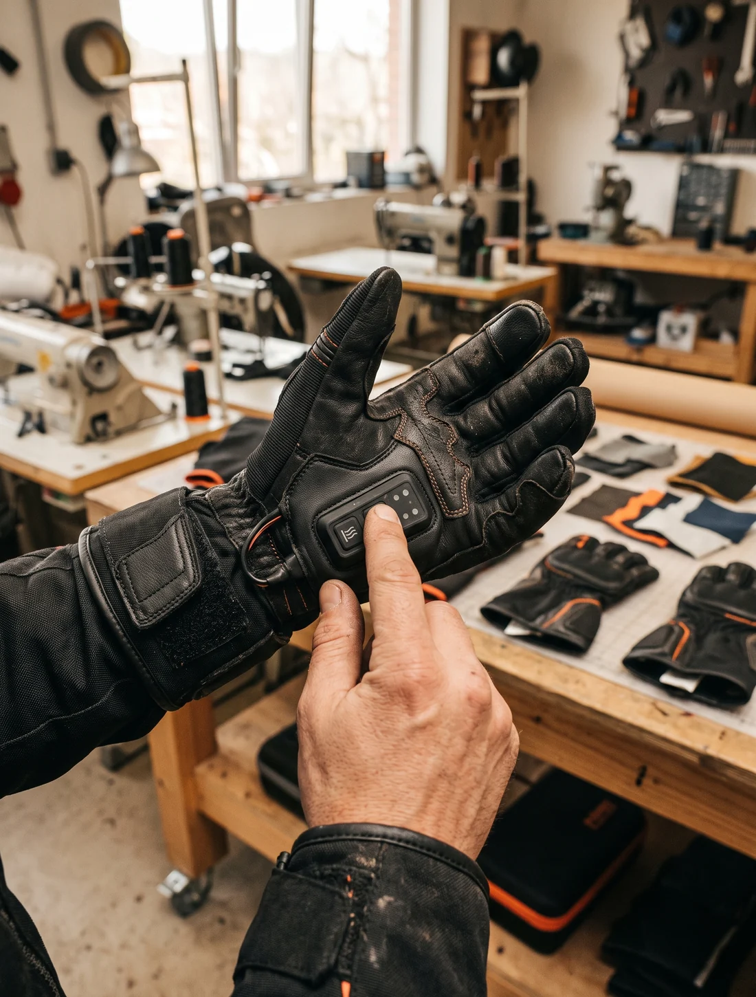 A heated glove controller being operated by a hand still wearing the other glove