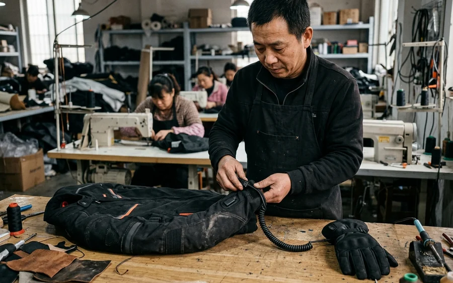 A heated glove lead running down the sleeve to a connector at the jacket
