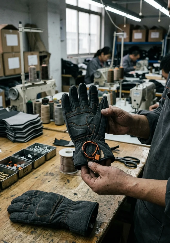 A construction sample glove with the electrical set fitted, ready for review