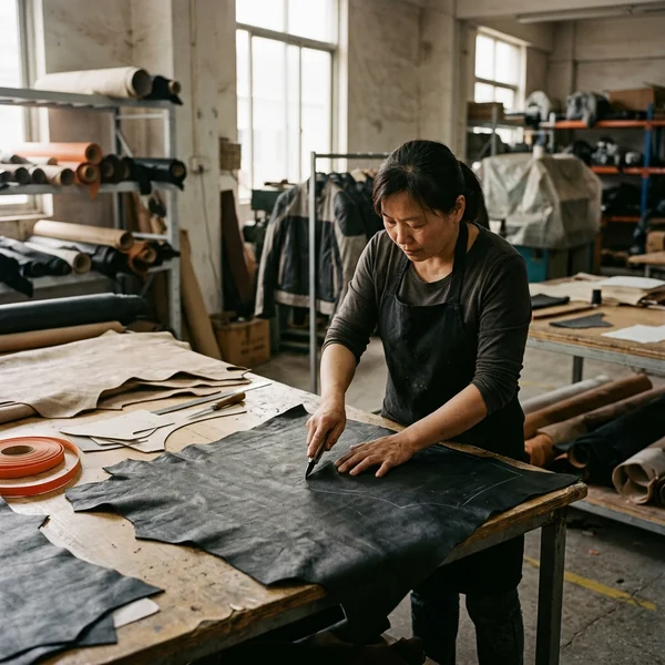 Leather workshop with hides on the cutting table