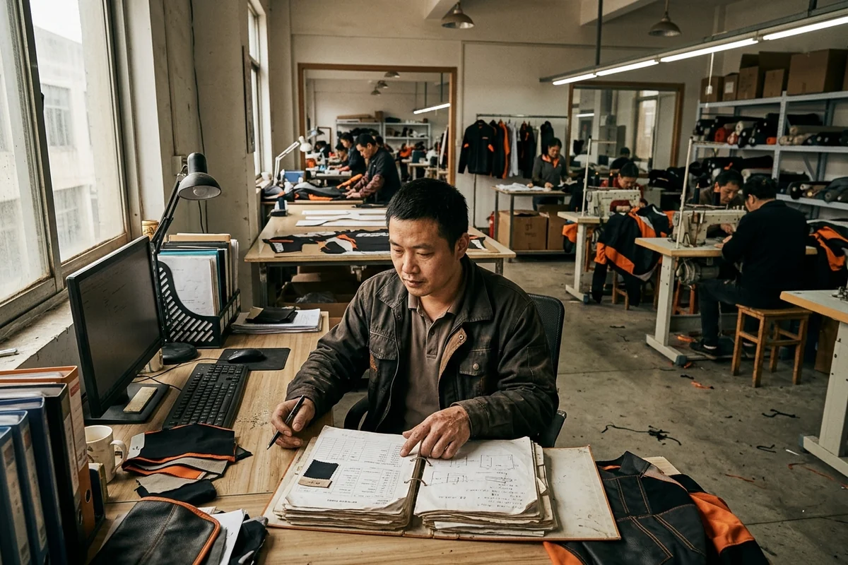 Sales manager at the desk with one order file open across the seven rooms