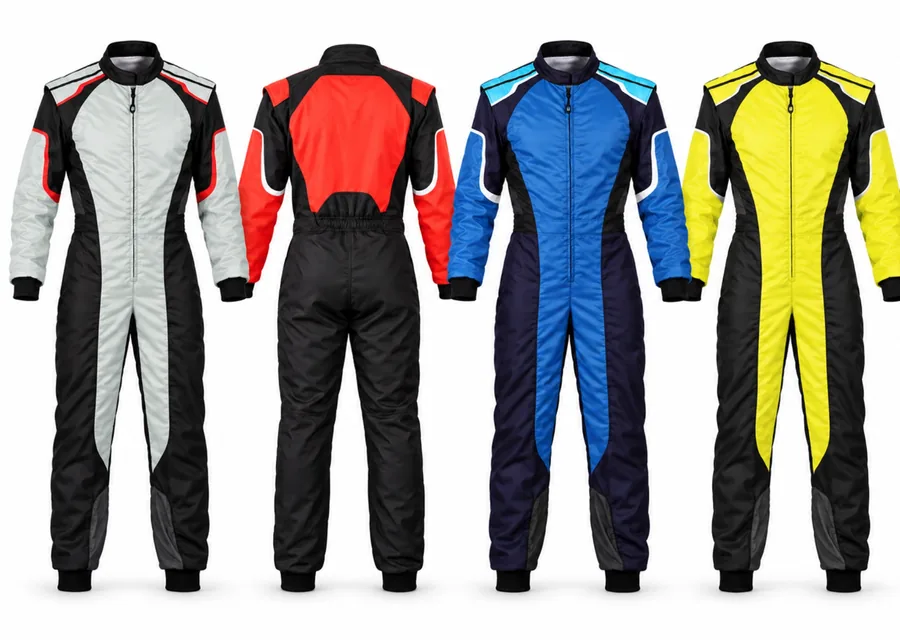 Custom kart suit and leather custom race suit on a paddock rail