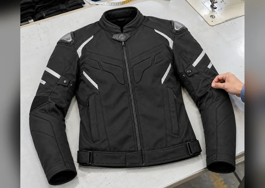 Textile motorcycle jacket with armor pockets open