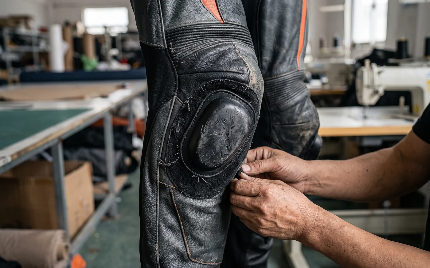 Knee slider mounted on a reinforced panel of a leather suit