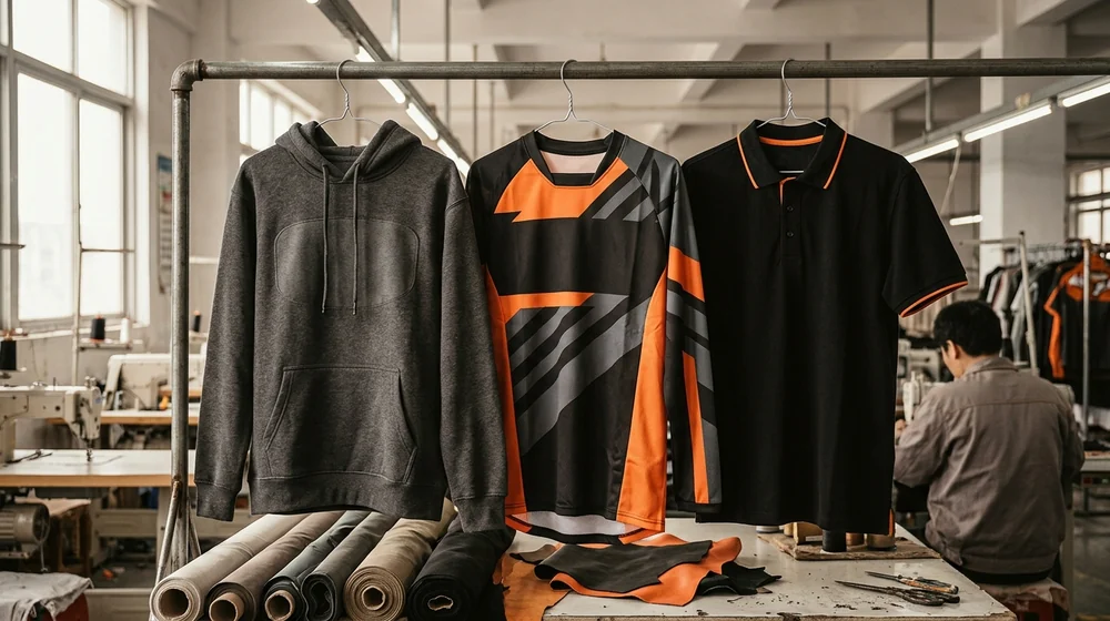 Club hoodie, team jersey and dealer polo side by side on the sample rail
