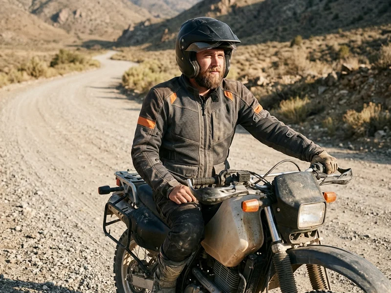 Rider in an adventure mesh jacket on a hot gravel road