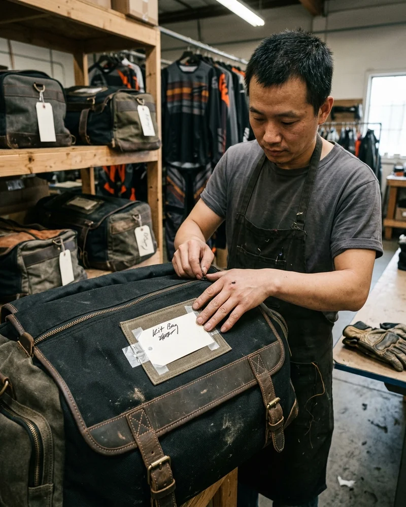 Kit bag label with the rider's name, number and pieces from the roster line