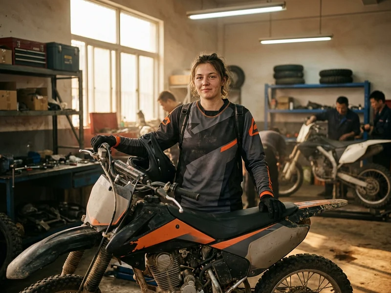 Female rider in a women’s-cut motocross jersey beside her dirt bike